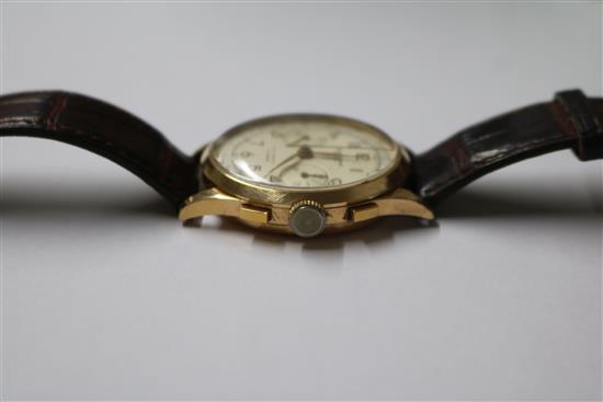 A gentlemans Swiss 18ct gold chronograph manual wind wrist watch.